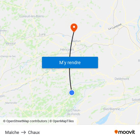 Maîche to Chaux map