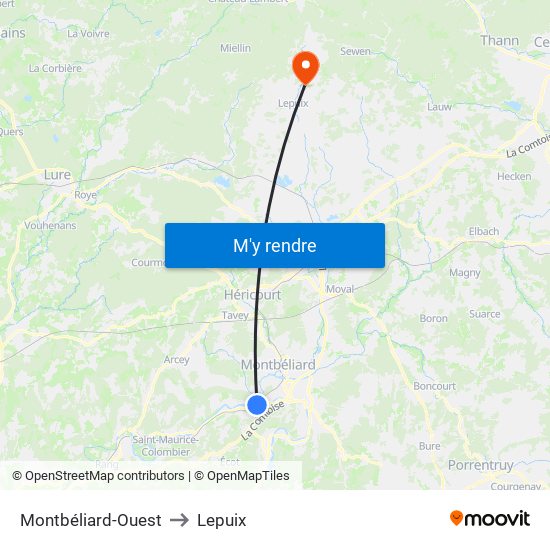 Montbéliard-Ouest to Lepuix map