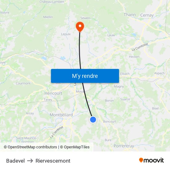Badevel to Riervescemont map