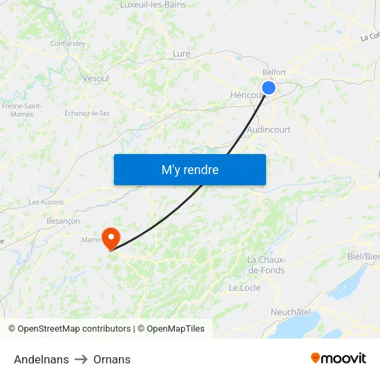 Andelnans to Ornans map