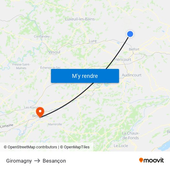 Giromagny to Besançon map