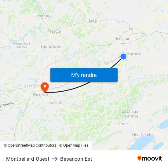 Montbéliard-Ouest to Besançon-Est map