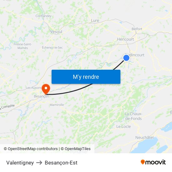 Valentigney to Besançon-Est map