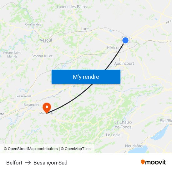 Belfort to Besançon-Sud map