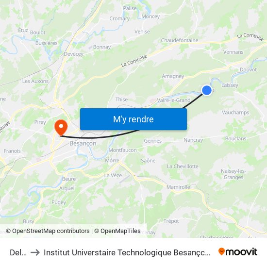 Deluz to Institut Universtaire Technologique Besançcon-Vesoul map