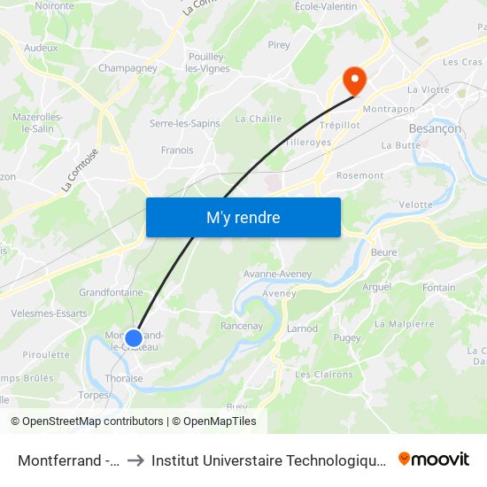 Montferrand - Thoraise to Institut Universtaire Technologique Besançcon-Vesoul map