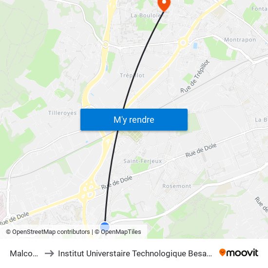 Malcombe to Institut Universtaire Technologique Besançcon-Vesoul map