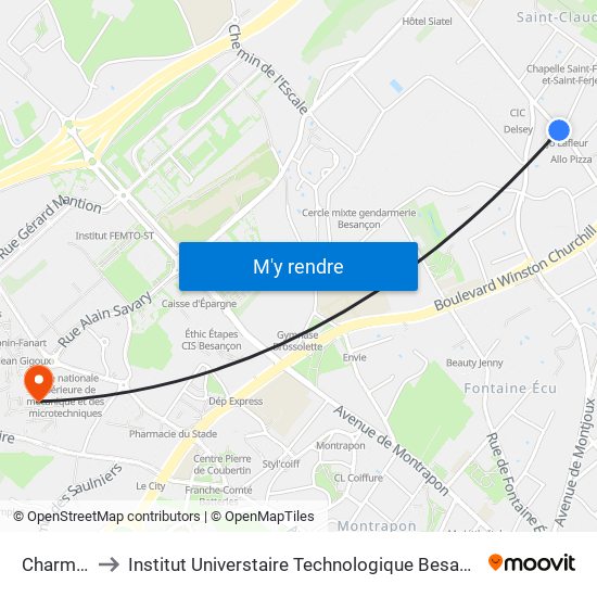 Charmilles to Institut Universtaire Technologique Besançcon-Vesoul map