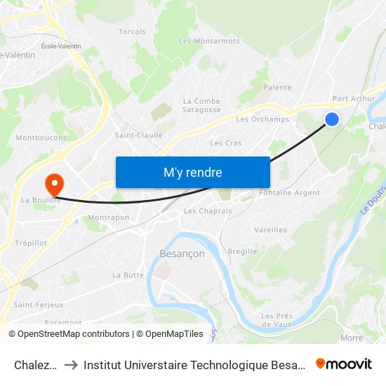 Chalezeule to Institut Universtaire Technologique Besançcon-Vesoul map