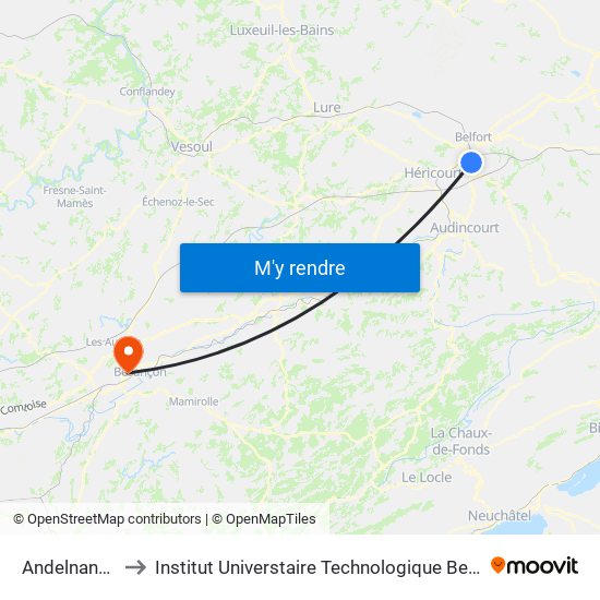 Andelnans Prés to Institut Universtaire Technologique Besançcon-Vesoul map