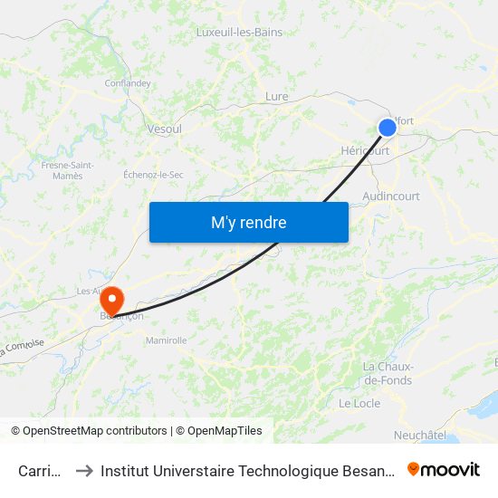 Carrières to Institut Universtaire Technologique Besançcon-Vesoul map