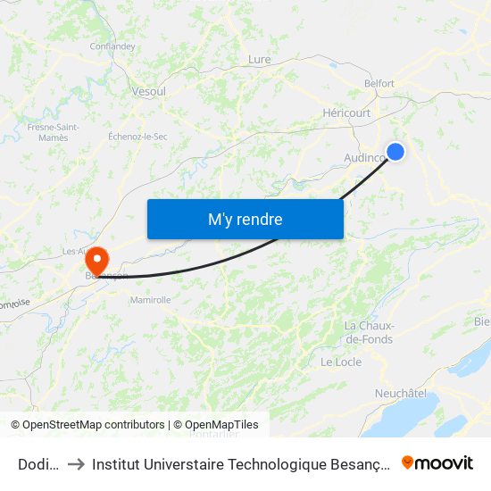 Dodillet to Institut Universtaire Technologique Besançcon-Vesoul map