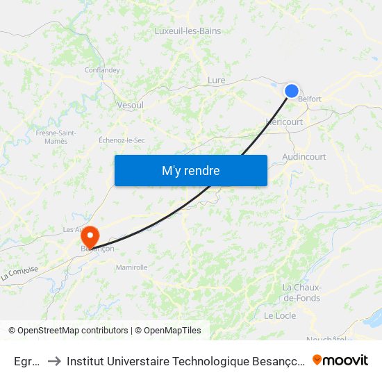 Egrins to Institut Universtaire Technologique Besançcon-Vesoul map