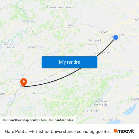 Gare Petit-Croix to Institut Universtaire Technologique Besançcon-Vesoul map