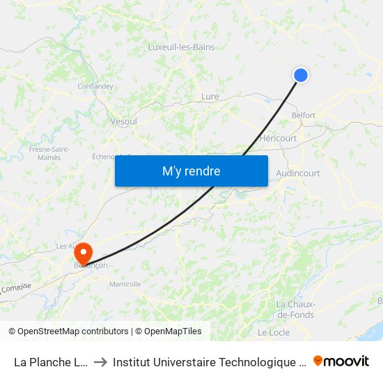 La Planche Le Prêtre to Institut Universtaire Technologique Besançcon-Vesoul map