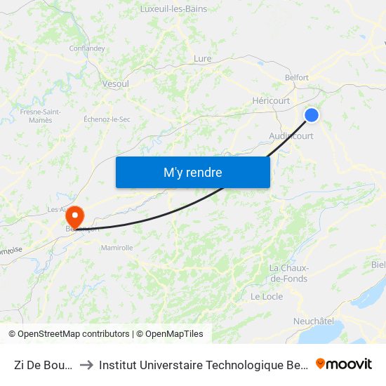 Zi De Bourogne to Institut Universtaire Technologique Besançcon-Vesoul map