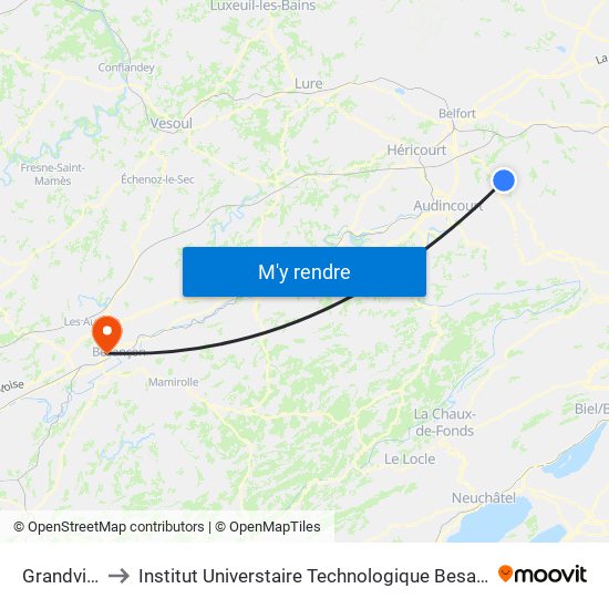 Grandvillars to Institut Universtaire Technologique Besançcon-Vesoul map