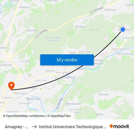 Amagney - Fontaine to Institut Universtaire Technologique Besançcon-Vesoul map