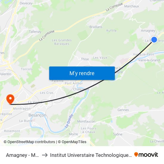 Amagney - Malmaison to Institut Universtaire Technologique Besançcon-Vesoul map