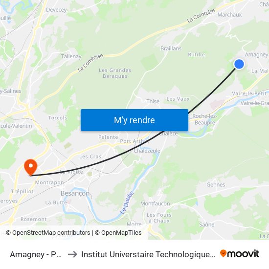 Amagney - Prés Noirs to Institut Universtaire Technologique Besançcon-Vesoul map