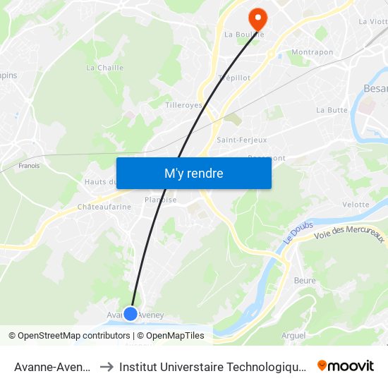 Avanne-Aveney - Stade to Institut Universtaire Technologique Besançcon-Vesoul map