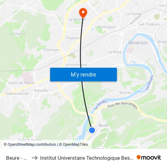 Beure - Stade to Institut Universtaire Technologique Besançcon-Vesoul map