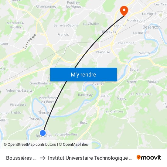 Boussières - Centre to Institut Universtaire Technologique Besançcon-Vesoul map