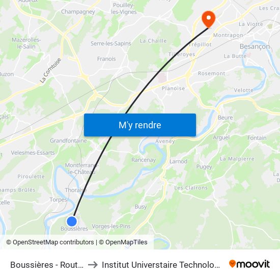 Boussières - Route De Besançon to Institut Universtaire Technologique Besançcon-Vesoul map