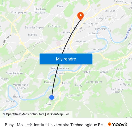 Busy - Moulinot to Institut Universtaire Technologique Besançcon-Vesoul map