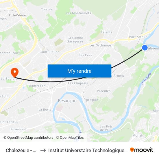 Chalezeule - Abreuvoir to Institut Universtaire Technologique Besançcon-Vesoul map