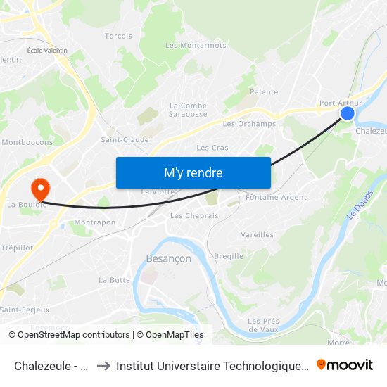 Chalezeule - Camping to Institut Universtaire Technologique Besançcon-Vesoul map