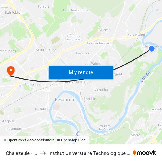 Chalezeule - Fontaine to Institut Universtaire Technologique Besançcon-Vesoul map