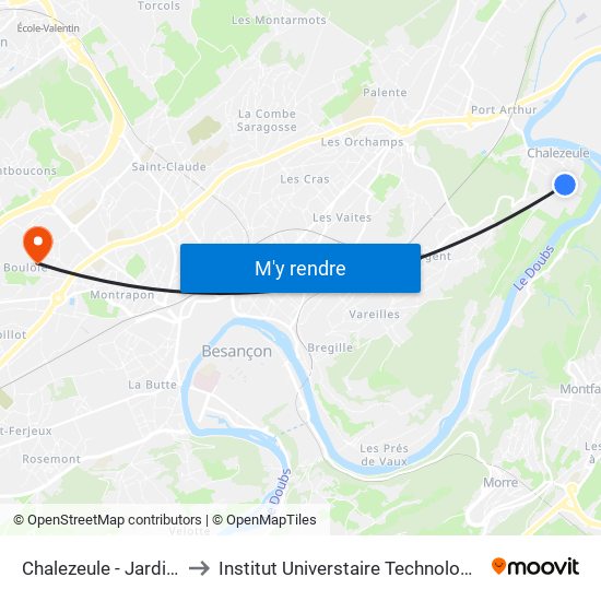 Chalezeule - Jardins De Cocagne to Institut Universtaire Technologique Besançcon-Vesoul map