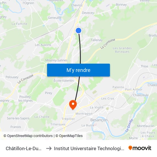 Châtillon-Le-Duc - Léon Baud to Institut Universtaire Technologique Besançcon-Vesoul map