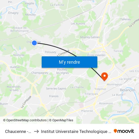 Chaucenne - Abribus to Institut Universtaire Technologique Besançcon-Vesoul map