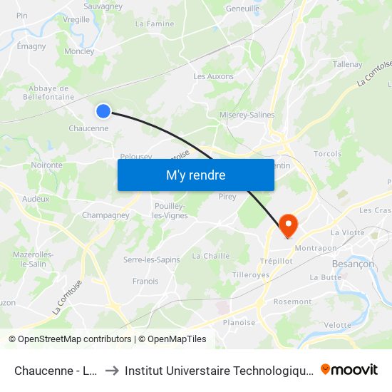 Chaucenne - Les Barrots to Institut Universtaire Technologique Besançcon-Vesoul map