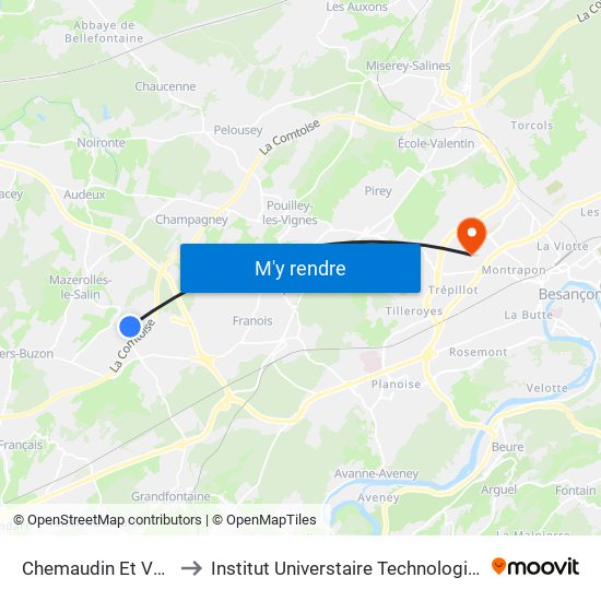 Chemaudin Et Vaux - Giratoire to Institut Universtaire Technologique Besançcon-Vesoul map