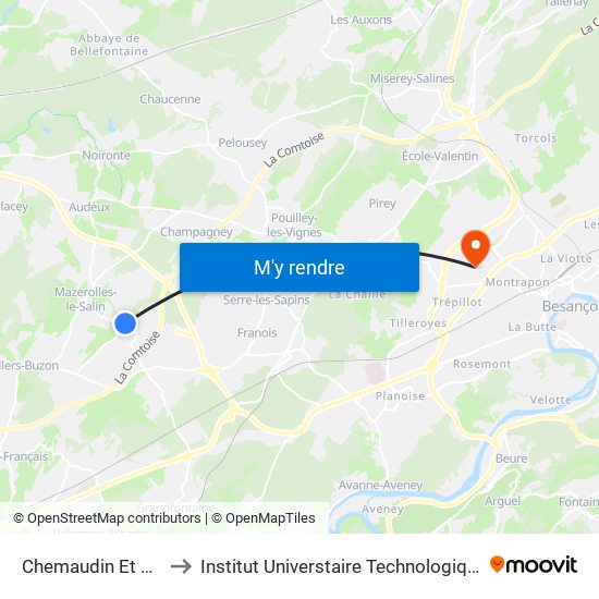 Chemaudin Et Vaux - Lavoir to Institut Universtaire Technologique Besançcon-Vesoul map