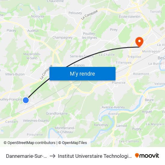 Dannemarie-Sur-Crète - Eglise to Institut Universtaire Technologique Besançcon-Vesoul map