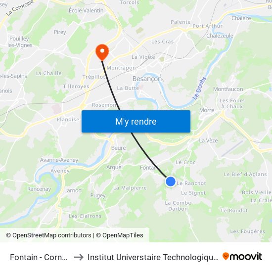 Fontain - Corne Aux Vaux to Institut Universtaire Technologique Besançcon-Vesoul map