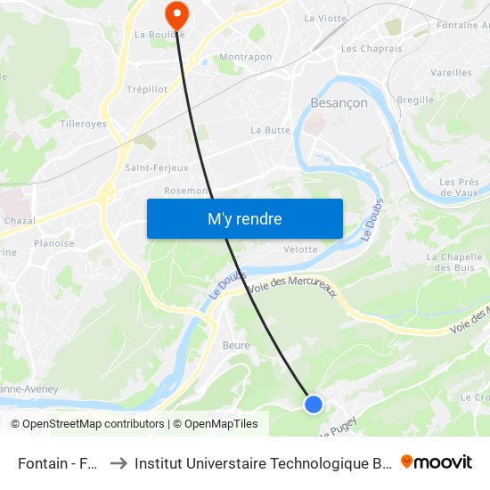 Fontain - Fontaine to Institut Universtaire Technologique Besançcon-Vesoul map