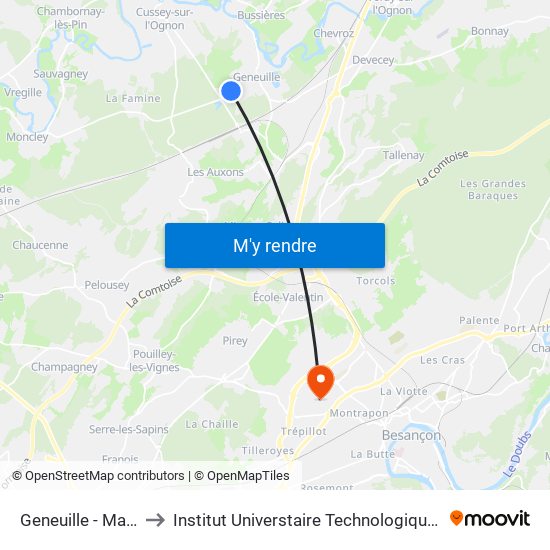 Geneuille - Maupommet to Institut Universtaire Technologique Besançcon-Vesoul map