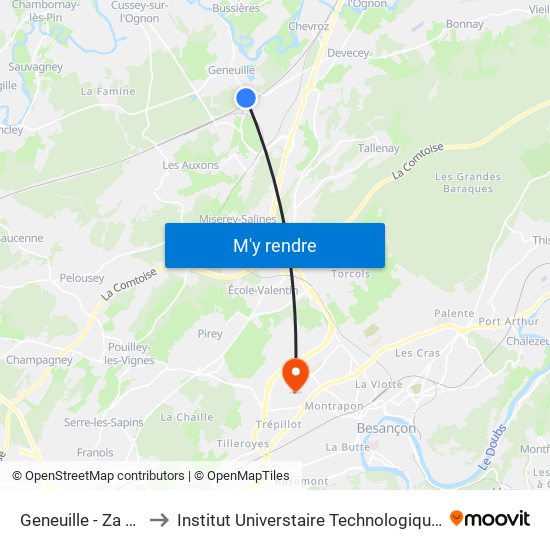 Geneuille - Za Vauvereille to Institut Universtaire Technologique Besançcon-Vesoul map