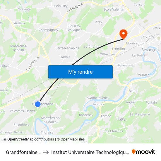 Grandfontaine - Graviers to Institut Universtaire Technologique Besançcon-Vesoul map