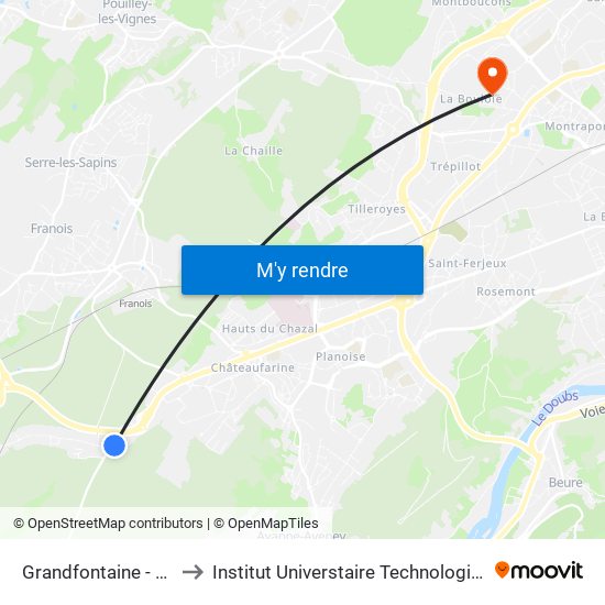 Grandfontaine - La Belle Etoile to Institut Universtaire Technologique Besançcon-Vesoul map
