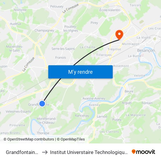 Grandfontaine - Source to Institut Universtaire Technologique Besançcon-Vesoul map