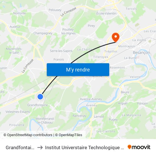 Grandfontaine - Z.A. to Institut Universtaire Technologique Besançcon-Vesoul map