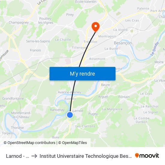 Larnod - Gare to Institut Universtaire Technologique Besançcon-Vesoul map