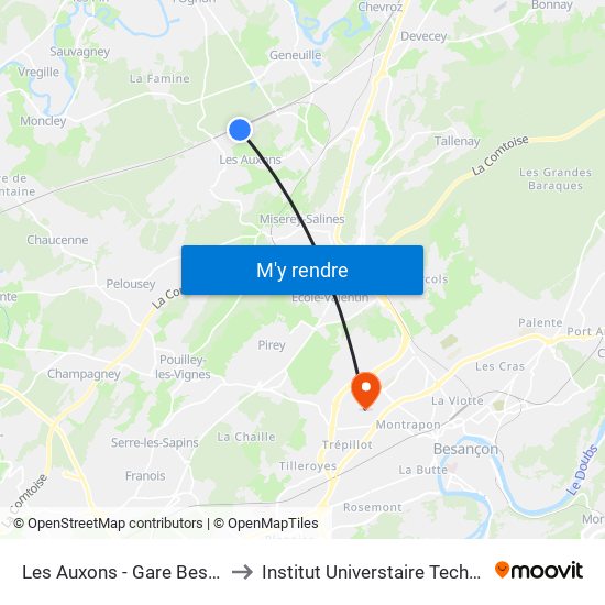 Les Auxons - Gare Besançon Franche-Comté Tgv to Institut Universtaire Technologique Besançcon-Vesoul map