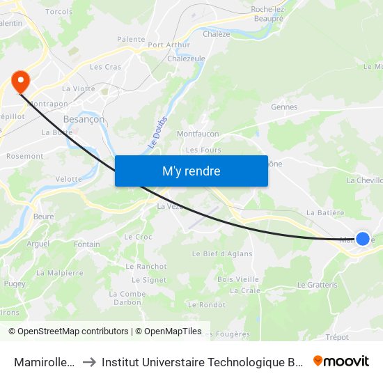 Mamirolle - Gare to Institut Universtaire Technologique Besançcon-Vesoul map